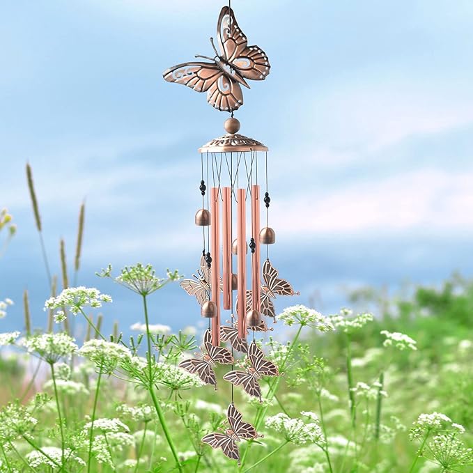Butterfly Wind Chimes for Outside,34 inch Length Memorial Butterfly Wind Chime with 4 Large Aluminum Tubes & S Hook,Indoor Outdoor Decor Hanging Wind Catcher Bell for Home,Garden,Patio,Backyard,Porch