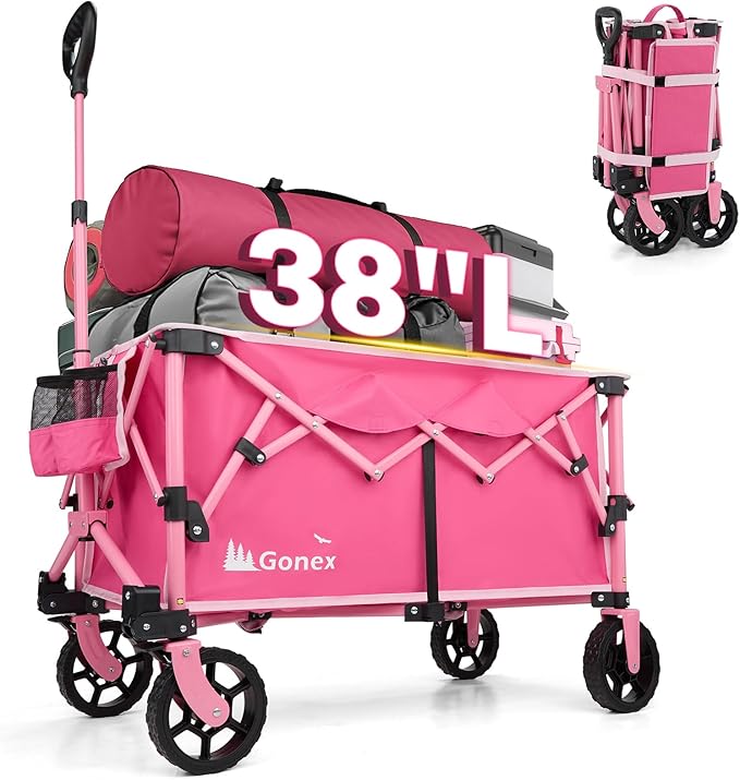 Gonex 38''L Collapsible Foldable Wagon Cart with 360lbs Weight Capacity, 220L Folding Utility Garden Cart with Detachable Wheels for Grocery Sports Shopping Camping - Pink