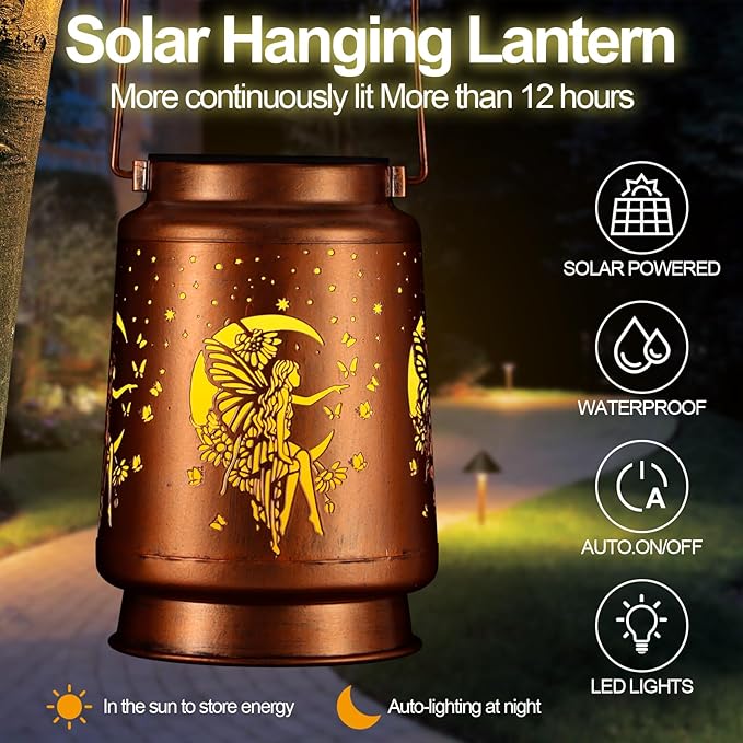 Solar Lantern Outdoor Hanging Waterproof Outside Metal Openwork Hummingbird Pattern Birthday Gifts for Women Mom Landscape Lights for Porch Garden Yard Patio Pathway Decor(Fower Fairy)
