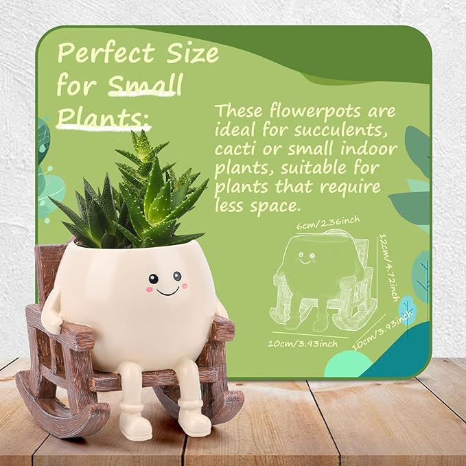 Smily Face Planter Pot, Cute Resin Flower Head Planters for Indoor Outdoor, Unique Sitting Rocking Chairs Succulent Pots, Cute Plant Gifts for Plant Lovers
