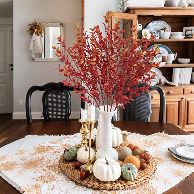 Artificial Burgundy Eucalyptus Stems 26.7" Fall Fake Leaf Branches for Floral Arrangements, Red Faux Autumn Plant Farmhouse Decor, Home Wedding Decorations