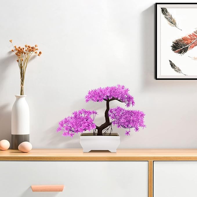Mini Artificial Bonsai Tree Plants with Plastic Cement Pots for Home Office Décor(Magenta)
