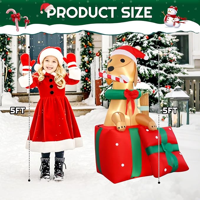 5FT Dog Christmas Inflatables Outdoor Golden Retriever Christmas Indoor Blow Ups Yard Decorations Inflatable Ouside Xmas Funny Blow Ups Holiday Yard Decorations for Party Garden Lawn Holiday Decor