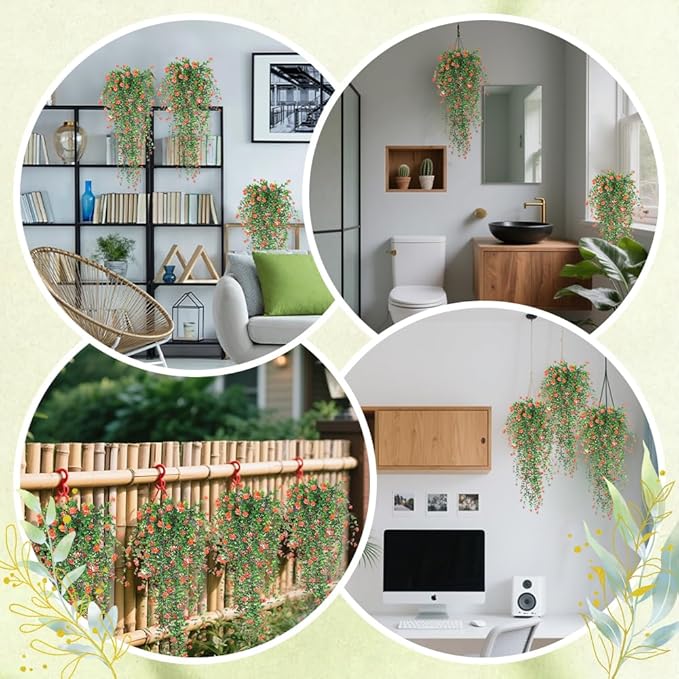 Artificial Hanging Flowers, 3 Pcs Fake Hanging Plants Decor, Artificial Vines for Outdoors, UV Resistant No Fade Artificial Plants Suitable for Indoor Decoration Outdoor Porch Courtyard (Orange)