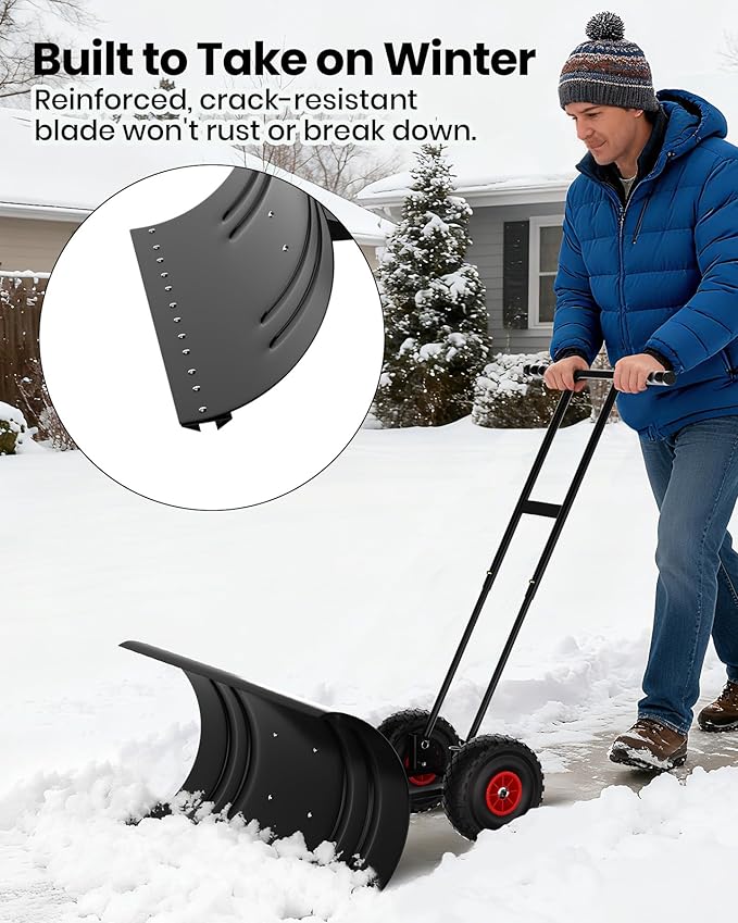 Snow Pusher with Wheels for Driveway, 36" Wide Heavy Duty Steel Blade, 7-Position Angle Adjustment & 60° Tilt Handle, Ergonomic Push Snow Shovel with Ground Protection for Effortless Snow Removal