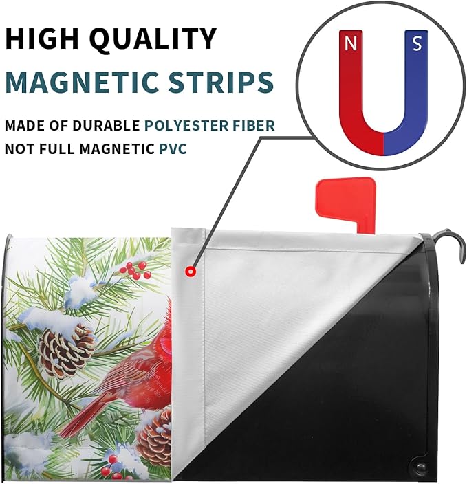 Winter Birds Mailbox Cover with Magnetic Christmas Tree Holly Branches Red Berry Pine Cone Mailbox Wrap Post Cover Standard Size 21x18 Inch for Garden Yard Outdoor Patio Hew Year Decor