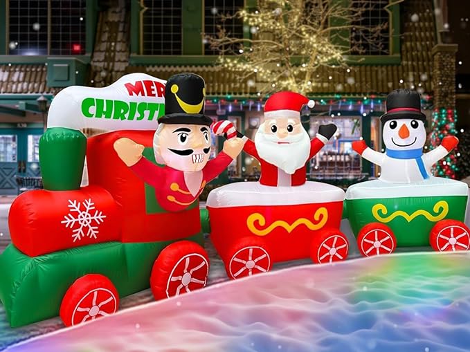 12 Ft Long 4 Ft Tall Christmas Inflatable Train with Nutcracker, Santa Claus and Snowman, Christmas Decorations Outdoor Blow Up Xmas Train Carriage with Build-in LEDs Holiday Party Garden Yard Decor