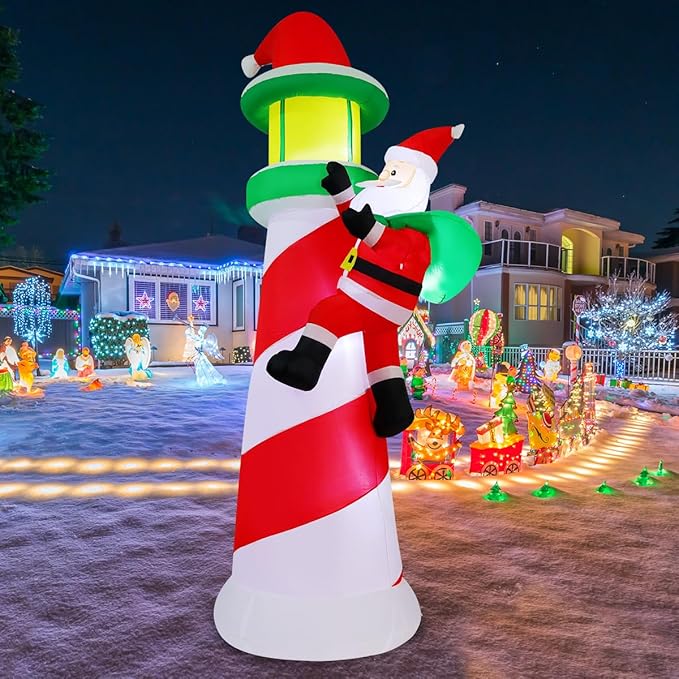 COMIN 10.1 FT Christmas Decorations Outdoor Inflatables Santa Claus Climb The Lighthouse Blowups with Built-in LEDs for Yard Party Lawn Decor