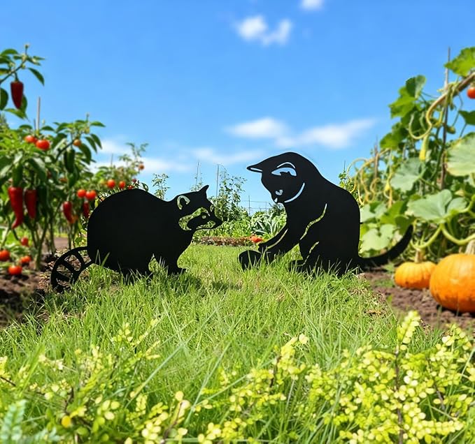 2 Pack Black Cat & Raccoon Garden Stakes, Metal Yard Art for Outside, Decorative Silhouette Statues for Garden, Lawn, Patio, Cute Outdoor Animal Ornaments (Cats and Raccoons)