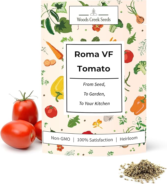 Woods Creek Seeds: Roma VF Tomato Seeds for Planting - Over 350 Heirloom Tomato Seeds for Planting Outdoors, Indoors, Patio or Home Plant Garden - Non-GMO Seed Pack of Tomatoes