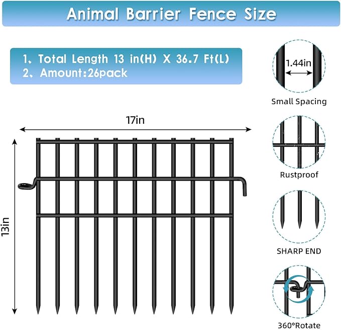 37ft (L) X 13in (H) Garden Animal Barrier Fence, 26 Pack No Dig Dog Fence Border, 1.44in Gap Decorative Fences, Rustproof Metal Wire Garden Border Fence for Dog, Rabbits Ground Stakes