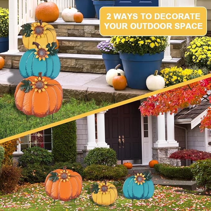 PHITRIC Fall Decorations for Home Outdoor, 3 Stacked Pumpkins Decorative Garden Stakes for Fall Decor, Metal Yard Signs for Outside Garden Yard Porch Lawn Thanksgiving Decorations