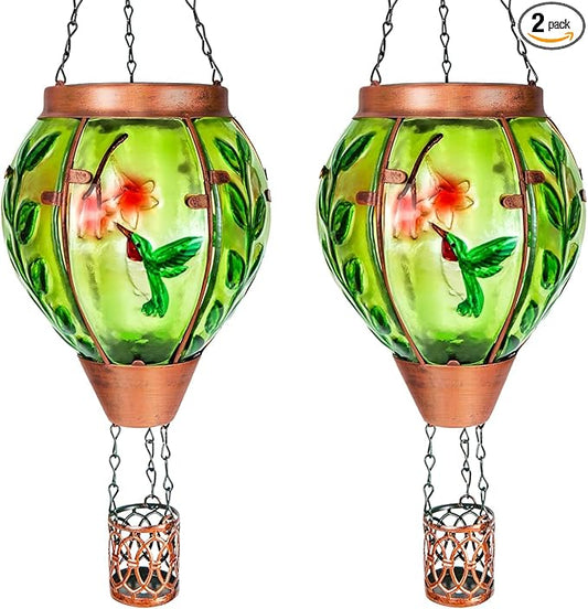 Solar Hot Air Balloon Lantern with Flame, Hummingbird Outdoor Solar Lanterns for Outside Garden Yard Farmhouse Patio Pathway Decoration, Hummingbird Gifts for Women Grandma Mom（2Pack
