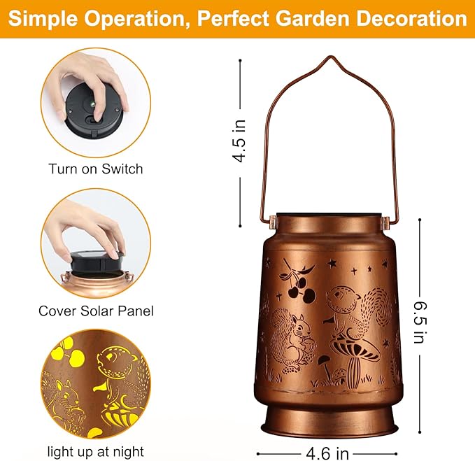 Solar Lantern Outdoor Hanging Waterproof Outside Metal Openwork Hummingbird Pattern Birthday Gifts for Women Mom Landscape Lights for Porch Garden Yard Patio Pathway Decor(Squirrel)