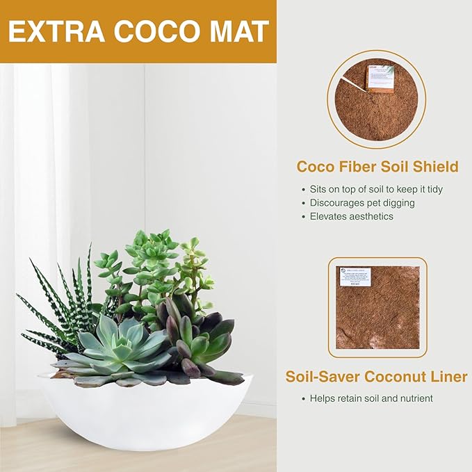 7.7"H x 22"D Round Bowl Fiberstone Planter for Succulent and Lotus - Christmas Tree Planter, Weather Resistant for Indoor & Outdoor Use, Included 2 Extra Coco Mats (White, 19.9" Pot Opening)