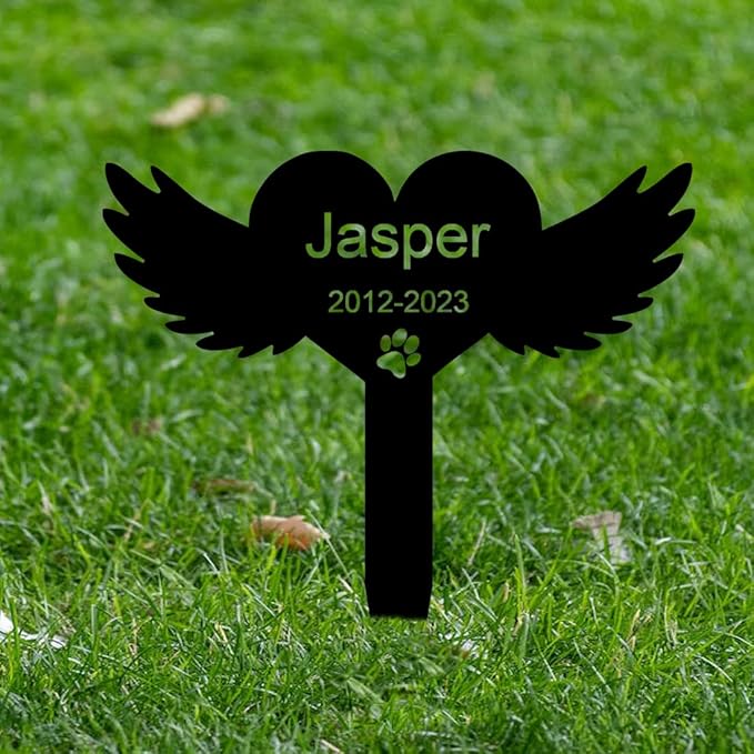 Custom Pet Dog Cat Memorial Grave Marker with Wings and Heart Plaque, Metal Paw Claw Design - Outdoor Cemetery Memorial Stake