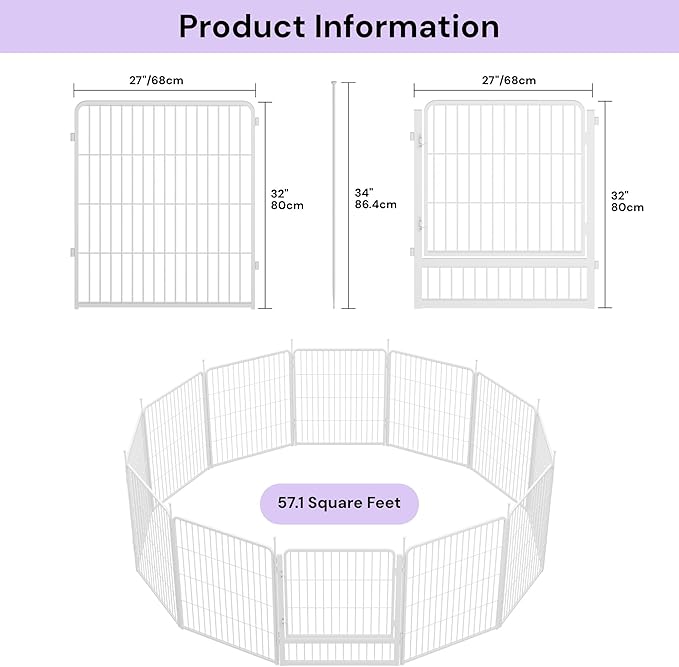 SunsGrove Garden Fence with Gate, 32 in(H) x 26.8 ft(L) 12 Panels Heavy Duty Metal Animal Barrier Fence for Yard, Suitable for Indoor or Outdoor Dog Pet Fence, Garden Fence Border, White