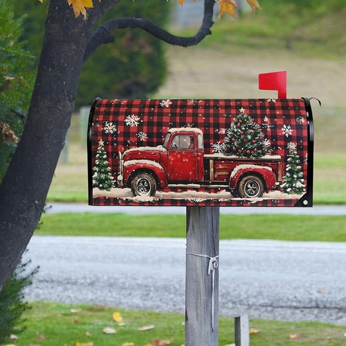 SUABO Mailbox Cover Red Truck Plaid Christmas Tree Oversize Magnetic Mailbox Covers Wraps for Christmas Home Yard Garden Decor