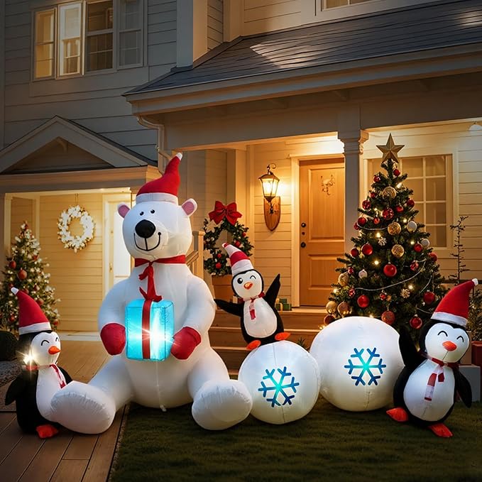 8FT Giant Inflatable Christmas Decorations Cute Polar Bear Penguin Combo，Holiday Decor with LED Lights, Ideal for Outdoor and Indoor Decor for Lawn, Garden, terraces,Xmas Holiday Party New Year