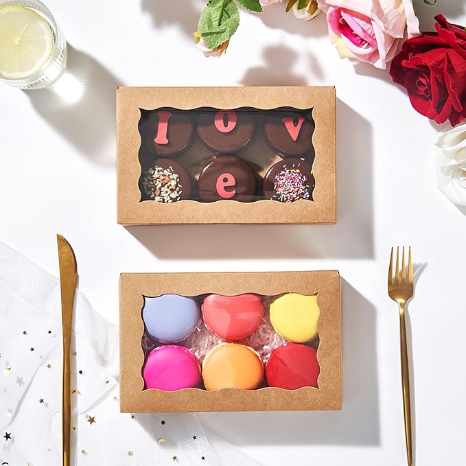 20pcs 7x4.33x1.5 Inch Borwn Cookies Boxes with Window Bakery Boxes Macaron Box Cakesickle Boxes Chocolate Truffle Donut Treat Box for Christmas Valentine's Easter Mother's Day