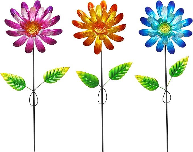 Metal Flower Garden Stake for Outside, 3 Pcs 16" H Outdoor Garden Stakes Decor, Yard Outdoor Ornaments for Patio, Lawn, Patio(Yellow & Purple & Blue)