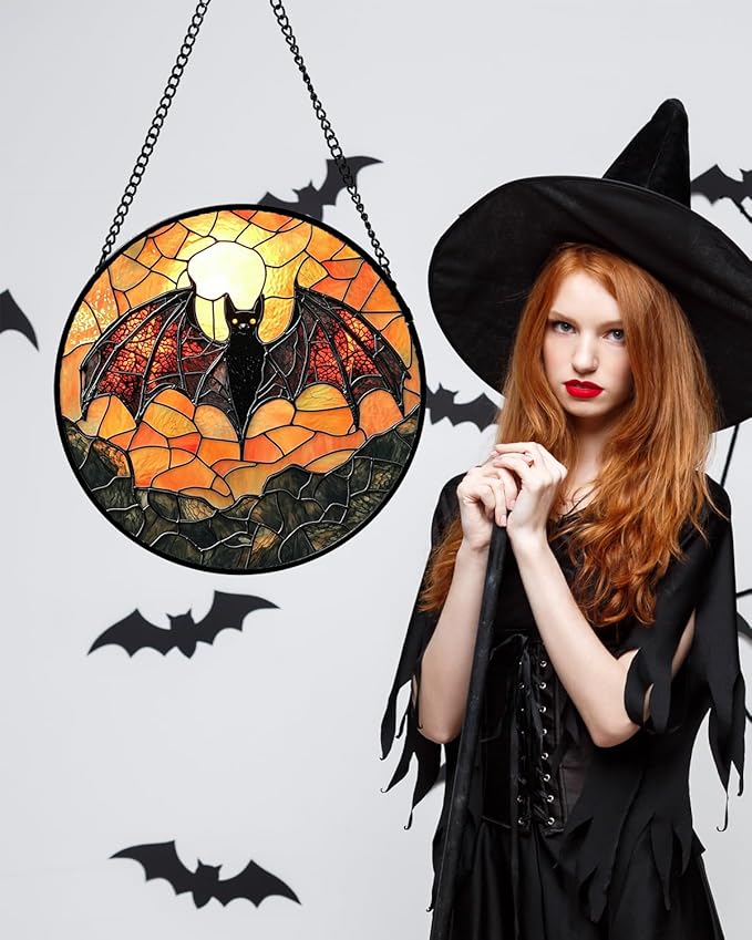 Stained Glass Window Hanging, Black Bat Sun Catcher for Door Home Decor Animal Suncatcher Christmas Mother's Day Birthday Gifts for Women Men Mom and Nana 15 in