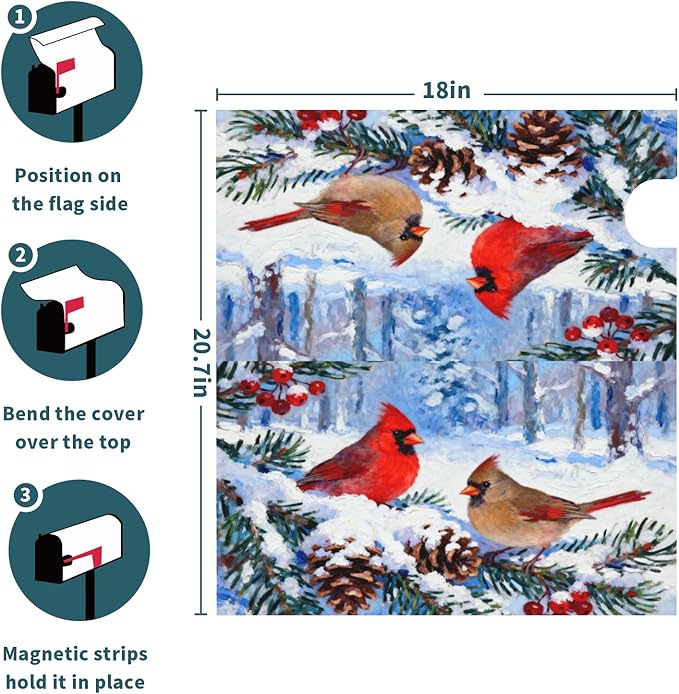 Winter Cardinal Mailbox Covers Magnetic Standard Size Christmas Snow Scene Pinecone Holly Twig Bird Holiday Outdoor Decorative Seasonal Letter Box Cases for Home Garden Outside Decor, 21x18 Inch