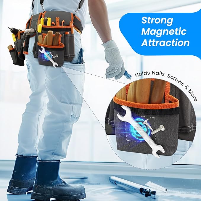 Tool Belt, Professional Tool Belts for Men, Magnetic Tool Pouch With Suspenders, Heavy Duty Detachable Adjustable Utility Belt Work Bags for Electrician, Carpenter (Gray and Orange, 32''-66'')