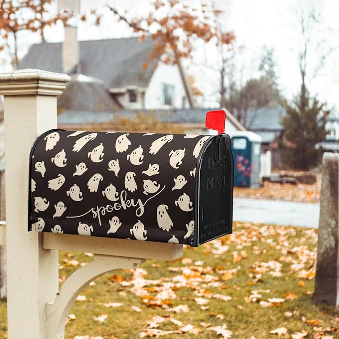 25.5x21inch Happy Halloween Magnetic Mailbox Cover- Spooky Ghosts Black White Waterproof Holiday Mailbox Wrap Letter Post Cover Large Size for Garden Yard Outside Outdoor Decor