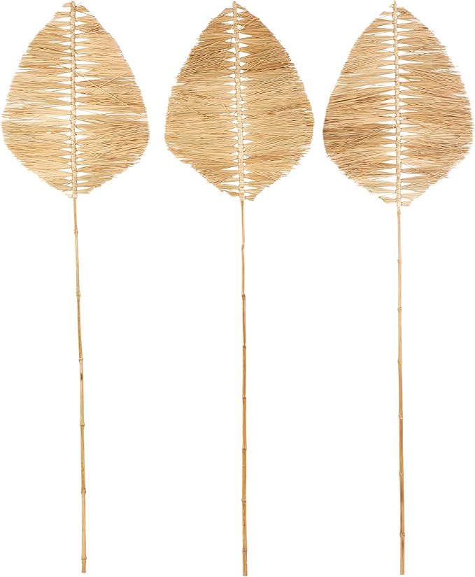 Deco 79 Bamboo Wood Leaf Handmade Home Decor Natural Foliage Tall Palm Leaf Stick Tassel Natural Dried Foliage, Set of 3 Foliage for Decoration 21" W, 79" H, Light Brown
