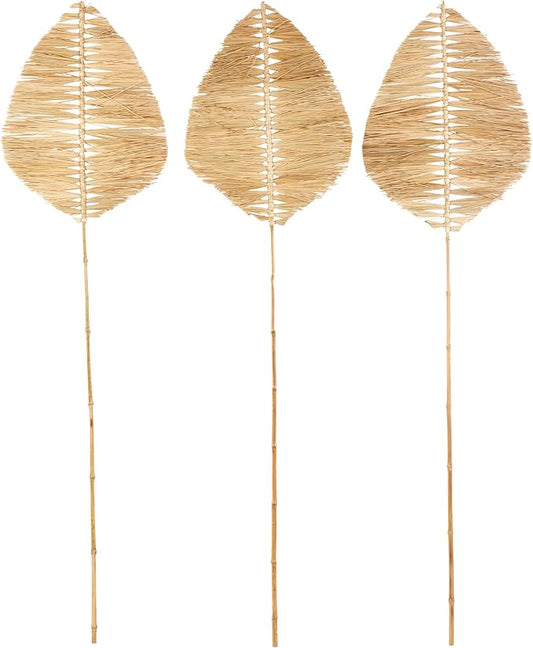 Deco 79 Bamboo Wood Leaf Handmade Home Decor Natural Foliage Tall Palm Leaf Stick Tassel Natural Dried Foliage, Set of 3 Foliage for Decoration 21" W, 79" H, Light Brown