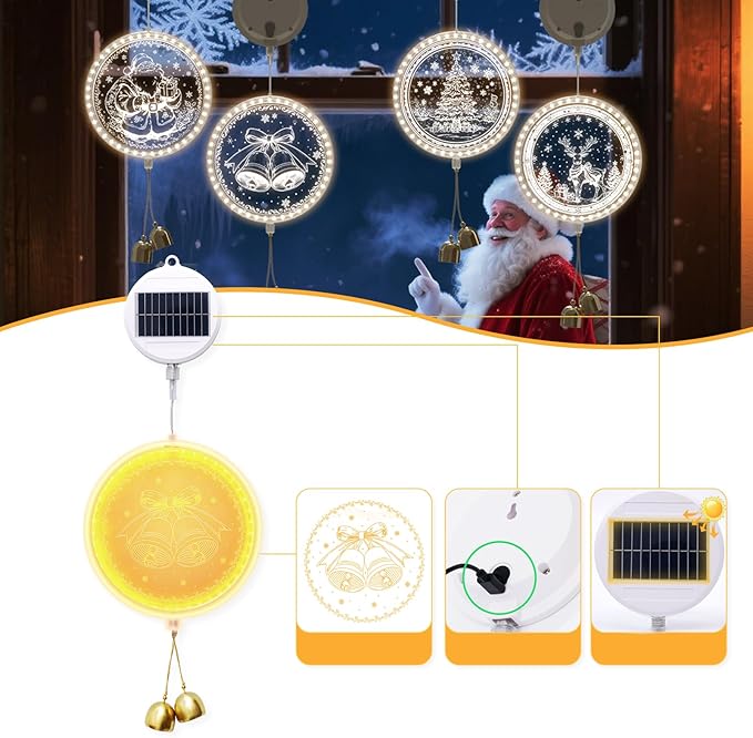 Solar Hanging Lights - Outdoor Indoor Christmas Decorations for Window, Garden, Patio, Porch,Holiday Home Decor, (Jingle Bell)