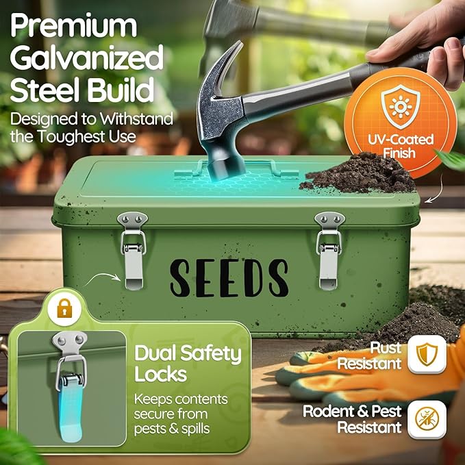 Flexzion Seed Saving Box - Metal Seed Storage Organizer Box with Lid, 4 Spacious Compartments Storage Bin for Garden Tools & More with Safety Locks, Green