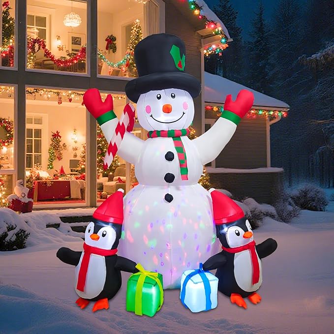 Christmas Inflatables 6FT Snowman Outdoor Yard Decorations, Christmas Blow up Snowman with Penguins and Giftboxes, Built-in Colorful Rotating LED Lights for Holiday Xmas Party Lawn Yard Garden