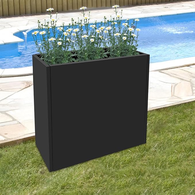 Metal Planter Box, Tall Rectangular Raised Garden Bed with Removable Shelf and Drainage Holes, Modern Steel Garden Planter, Flower Planter Boxes for Patio, Yard & Porch, Outdoor (Black, 34*10*30in)