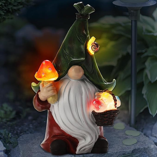 Gnome Solar Garden Statue with 3 LED Lights, Mushroom-Picking Gnome Statue Outdoor Decor for Patio, Yard, Balcony, Lawn Ornament, Unique for Mom