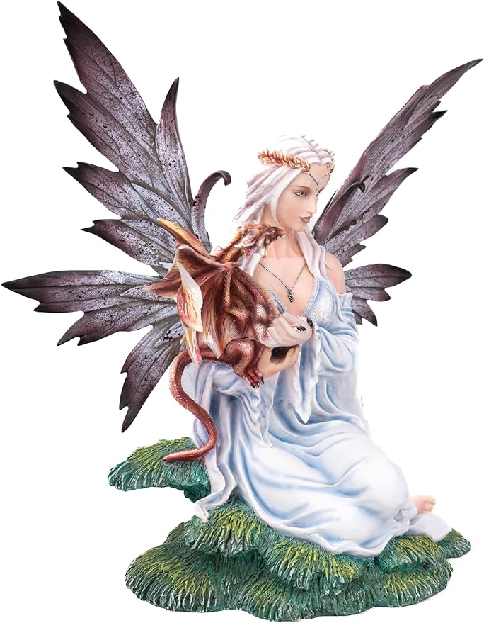 Resin Dragon & Fairy Figurine, Mythical Fantasy Decor with Dark Wings & White Dress - Enchanted Collectible Home Accent for Shelves, Mantels & Fairy Gardens