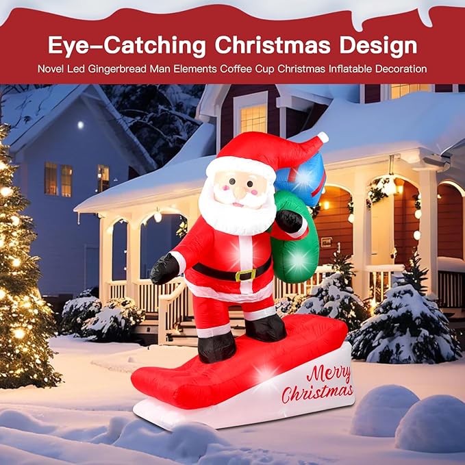 6FT Christmas Inflatables Decorations Outdoor，Blow Up Skiing Santa Claus with Built-in LEDs Lights for Indoor Holiday Party Yard Garden Lawn Décor