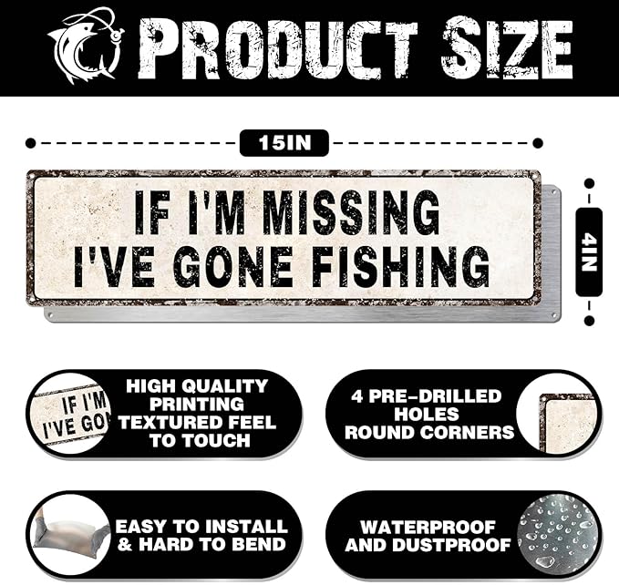 Funny Gone Fishing Gifts for Men, Fishing Gear Decor, Fish Accessories, Man Cave Dorm Door & Home Room Decoration, Birthday, Fathers Day & Christmas Gift