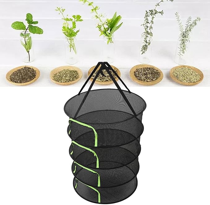 Cyrank Herb Drying Rack, 4/6 Layer Hanging Mesh Net for Plants Seeds Buds, Foldable Plant Drying Net with Storage Bag, 23.6" Diameter Fit in Grow Tents Closets Hydroponics, Zipper Closure(4 Layer)