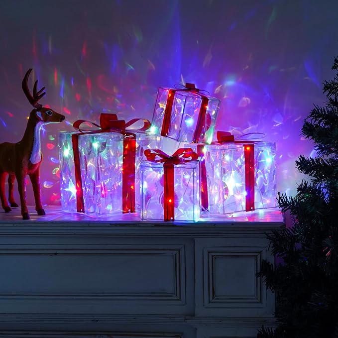 Christmas Lighted Gift Boxes, Pre-lit Lights Gift Boxes Set of 4, Light up Present Boxes Set Battery Operated with Different Sizes for Holiday Indoor Outdoor Decorations (Multi-Colored)