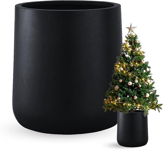 14"H x 13.7"D Conico Fiberstone Round Planter - Christmas Tree Planter, Smooth Finishes, Weather Resistant for Indoor and Outdoor Use, Included 2 Extra Coco Mats (Black, 10.6" Pot Opening)