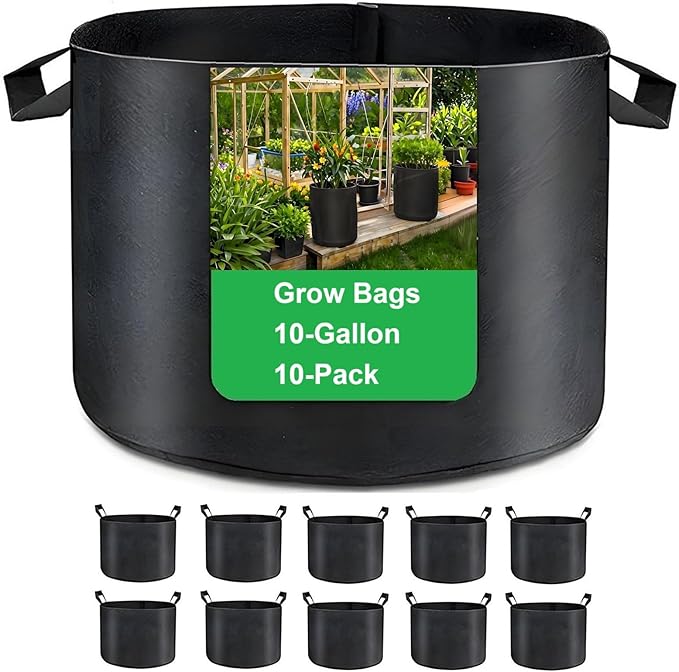 10-Gallon Grow Bags, (10 Pack) Thickened Aeration Fabric Growing Pots Planters with Handles for Planting Vegetables Plants, Black