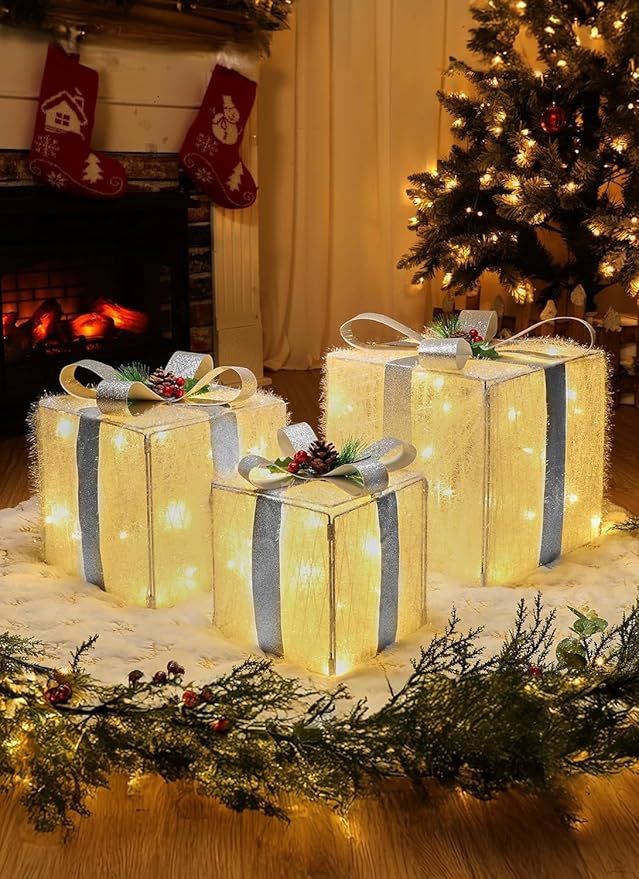 Brightown 3 Pieces Lighted Gift Boxes Outdoor Christmas Decorations, 12" 10" 8" with 60 Pre-Lit Mini String Lights，Foldable LED Boxes with Bows for Tree Indoor Outdoor Party Yard Home Decor