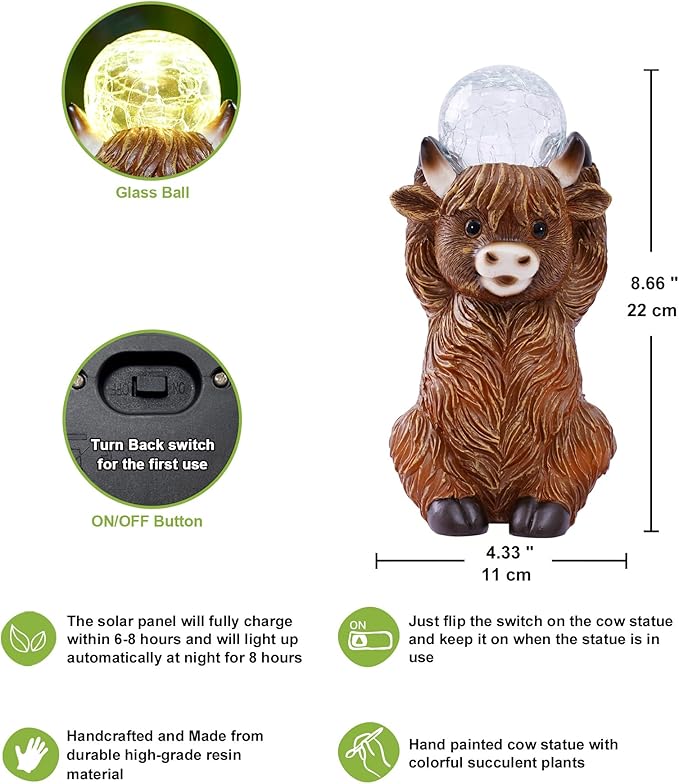 Nacome Solar Highland Cow Garden Decor - Outdoor Statues with Bubble Ball Balcony Lown Patio Porch Sculptures Front Yard Art for Outside - Birthday Gifts for Mom Grandma Women(Brown)