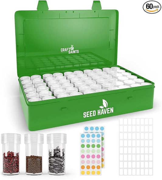 Seed Organizer Storage Box, Green Opaque Light Proof Seed Bank with 60 Transparent Bottles & Labels, Seed Holder Packet Organizer, Seed Vault Container for Homesteaders, Garden Tackle and Sorter