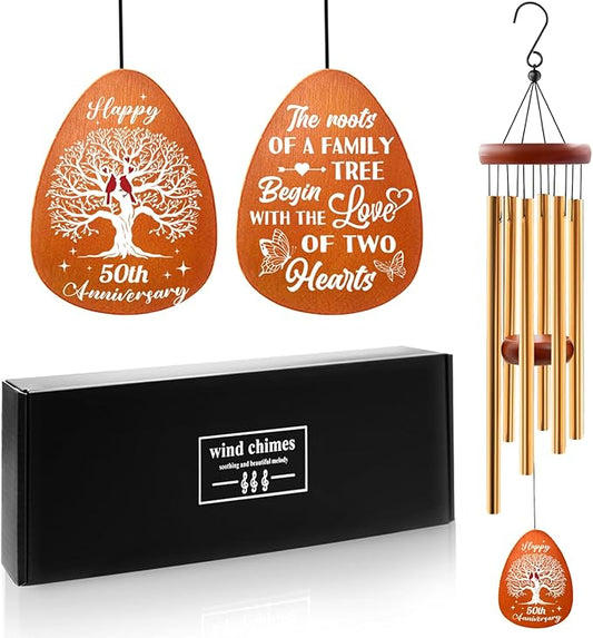 50th Anniversary Wind Chimes, 50th for Christmas for Couples Parents, 50 Year Wedding Decorations for Garden Home Outdoors, Golden Anniversary Keepsake Gifts Ideas, 25in