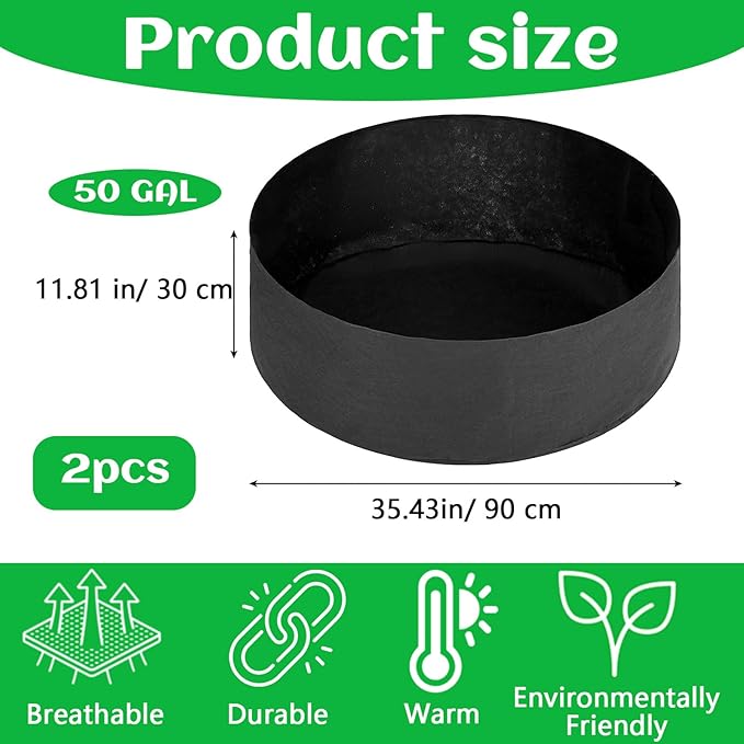 2 Pack Large 50 Gallon Plant Grow Bags, Round Black Fabric Raised Garden Beds, Durable Garden Planter Cloth Pots Container to Grow Vegetables for Outdoor Plants