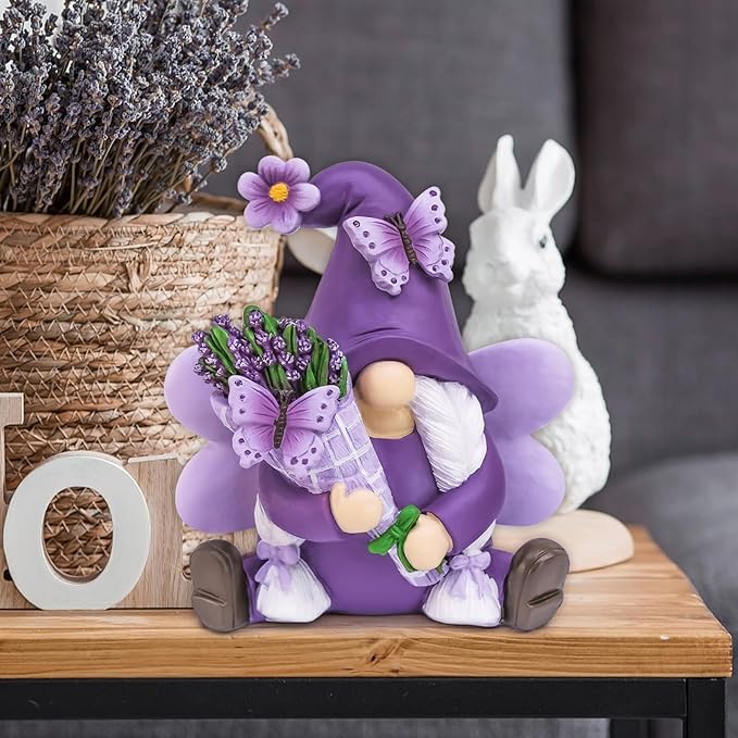 Lavender Gnomes Decor, Spring Resin Garden Gnome Decorations for Home Indoor/Outdoor Pastel Purple Spring Lavender Decorations Farmhouse Butterfly Gnome