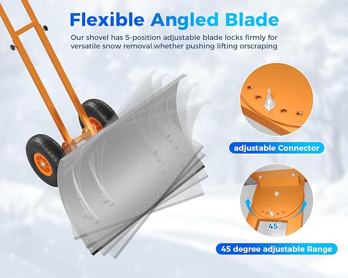 Garvee 29" Snow Pusher Shovel with Wheels,Heavy Duty Steel Snow Shovel with Wheels,Angled Blade Efficient Snow Removal With5-Position Angled Blade & Adjustable Handle for Doorway, Sidewalk, Silver
